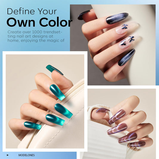 Modelones blue cat-eye gel polish bottle with holographic shimmer for chic nails.