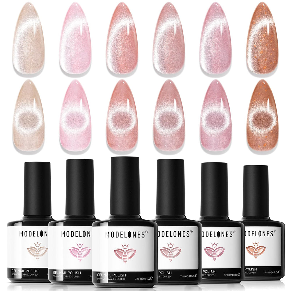 Modelones cat-eye gel nails with magnet for shimmering geometric patterns and modern style.