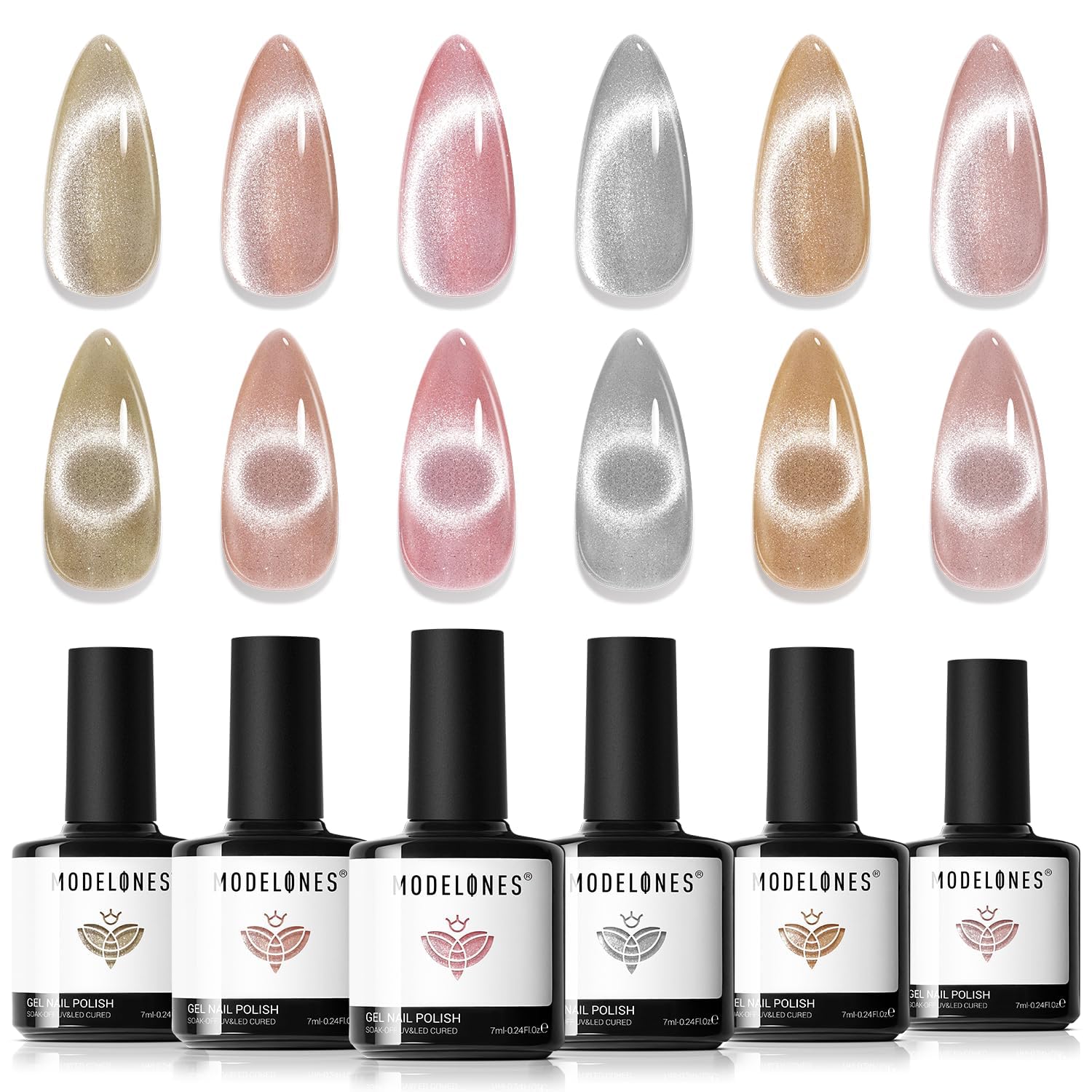 Modelones cat eye glitter six colors collection with vibrant holographic finish.