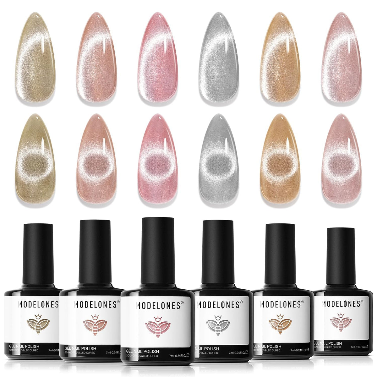 Modelones cat eye glitter six colors collection with vibrant holographic finish.
