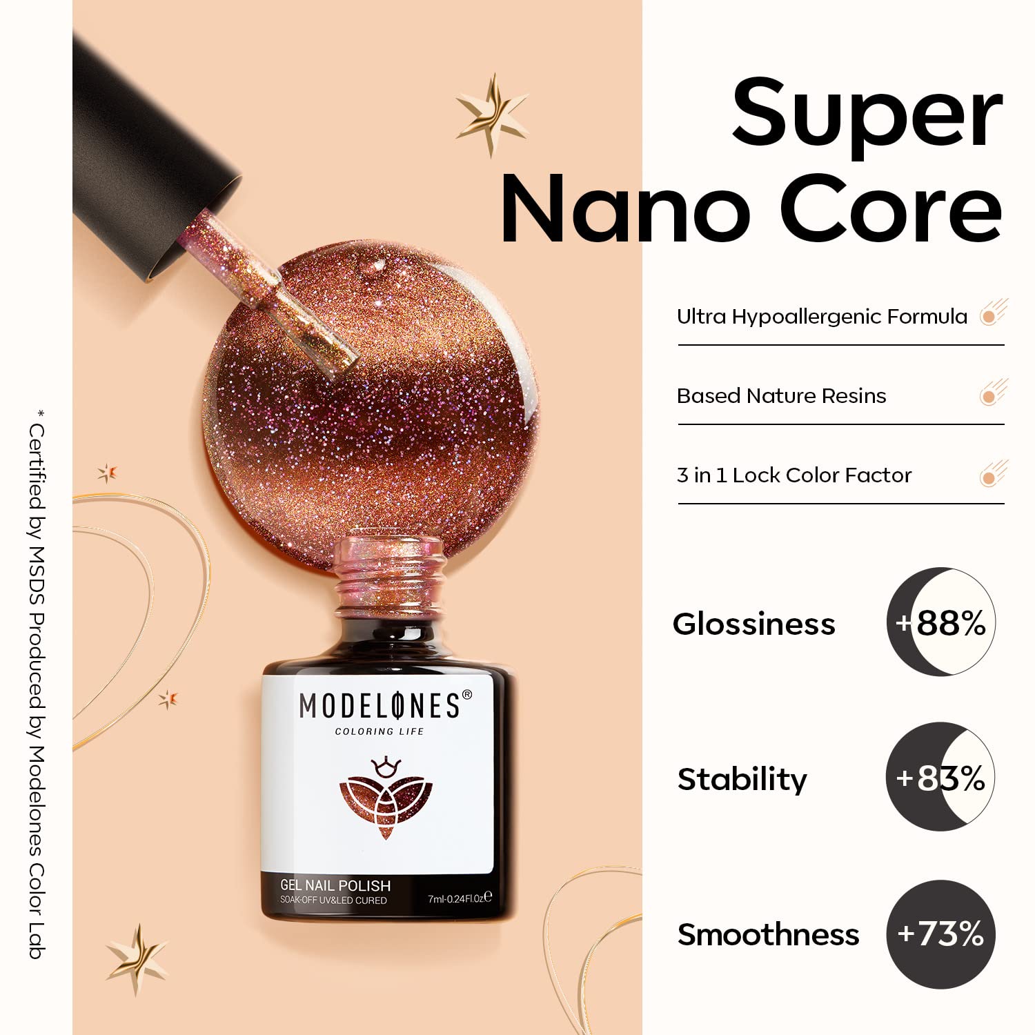 Modelones champagne-shine gel polish creates refined nail drama