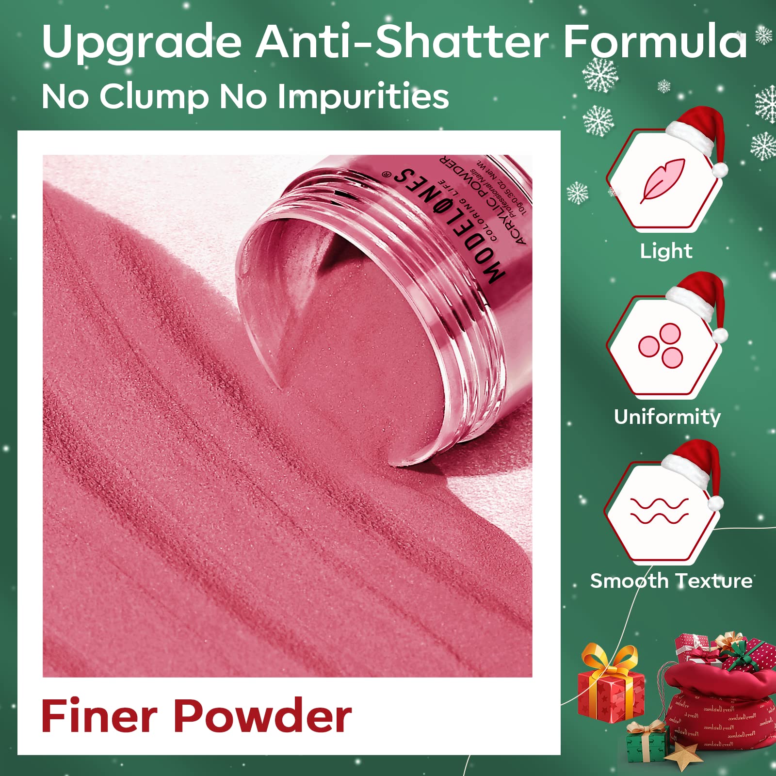 Modelones silver acrylic powder provides subtle shine for Christmas nails.