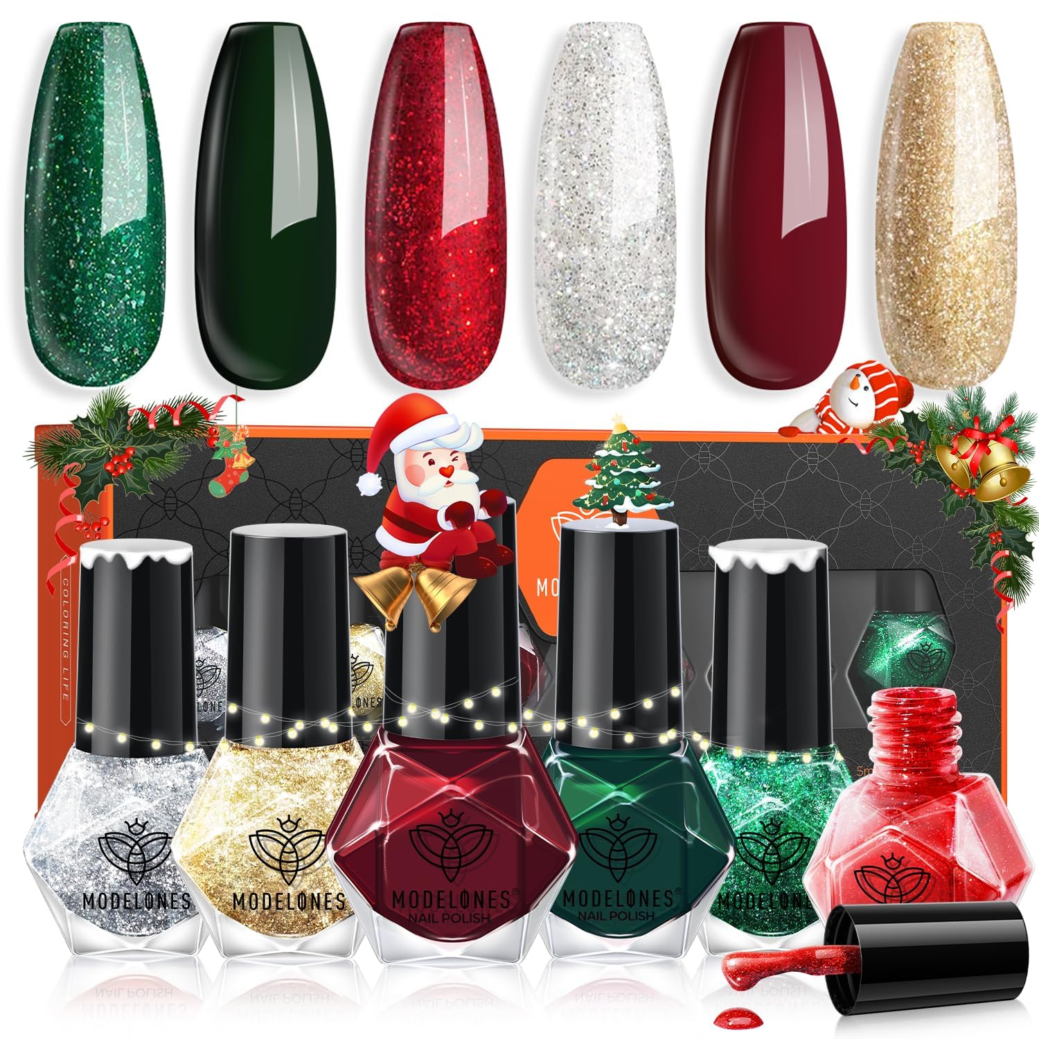 Modelones Christmas Nail Polish Set red color for festive nails with quick-dry formula.