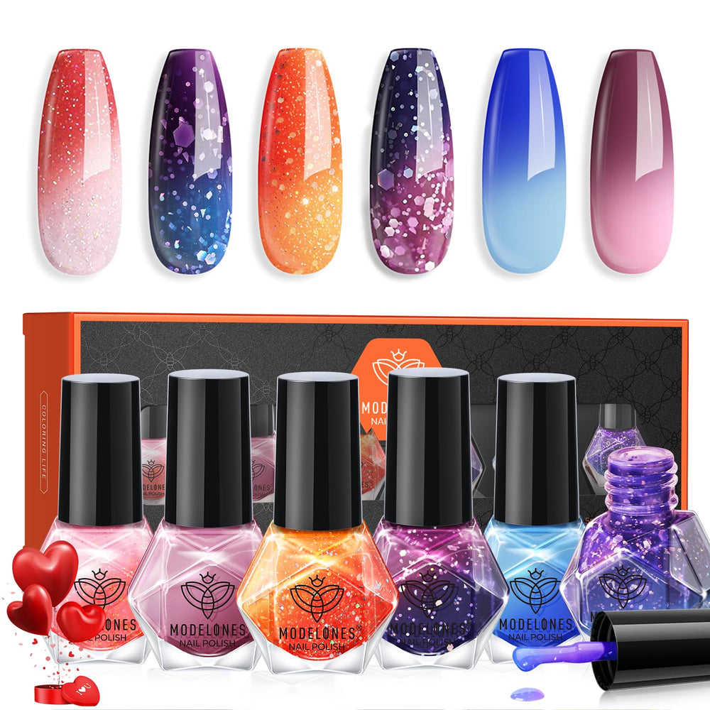 Modelones color-changing nail polish set displayed with six bottles for versatile manicures.