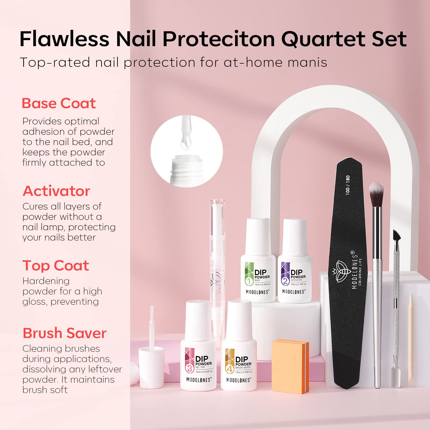 Modelones dip-powder brush and tool set for professional-like prep.