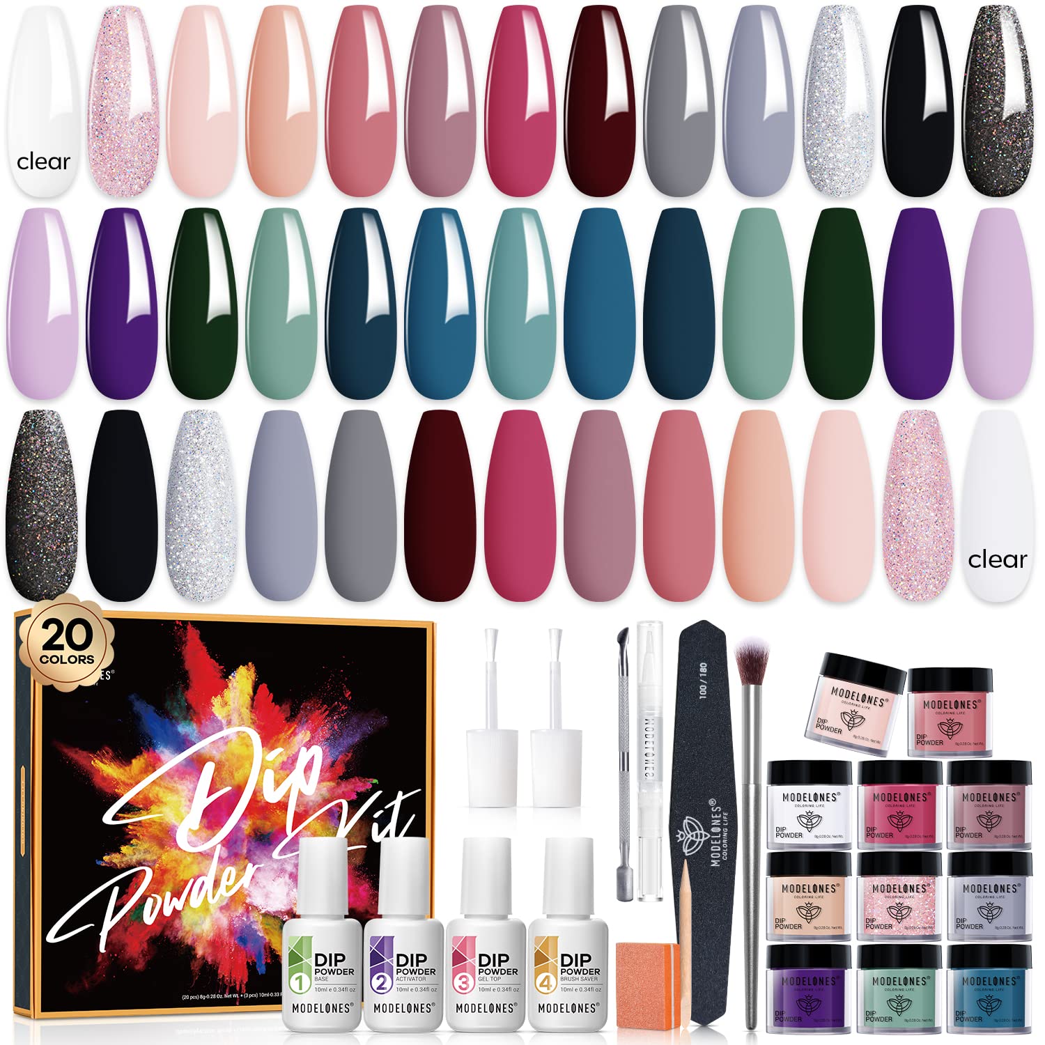 Modelones dip powder kit with 20 colors swatches for versatile at-home nail design.