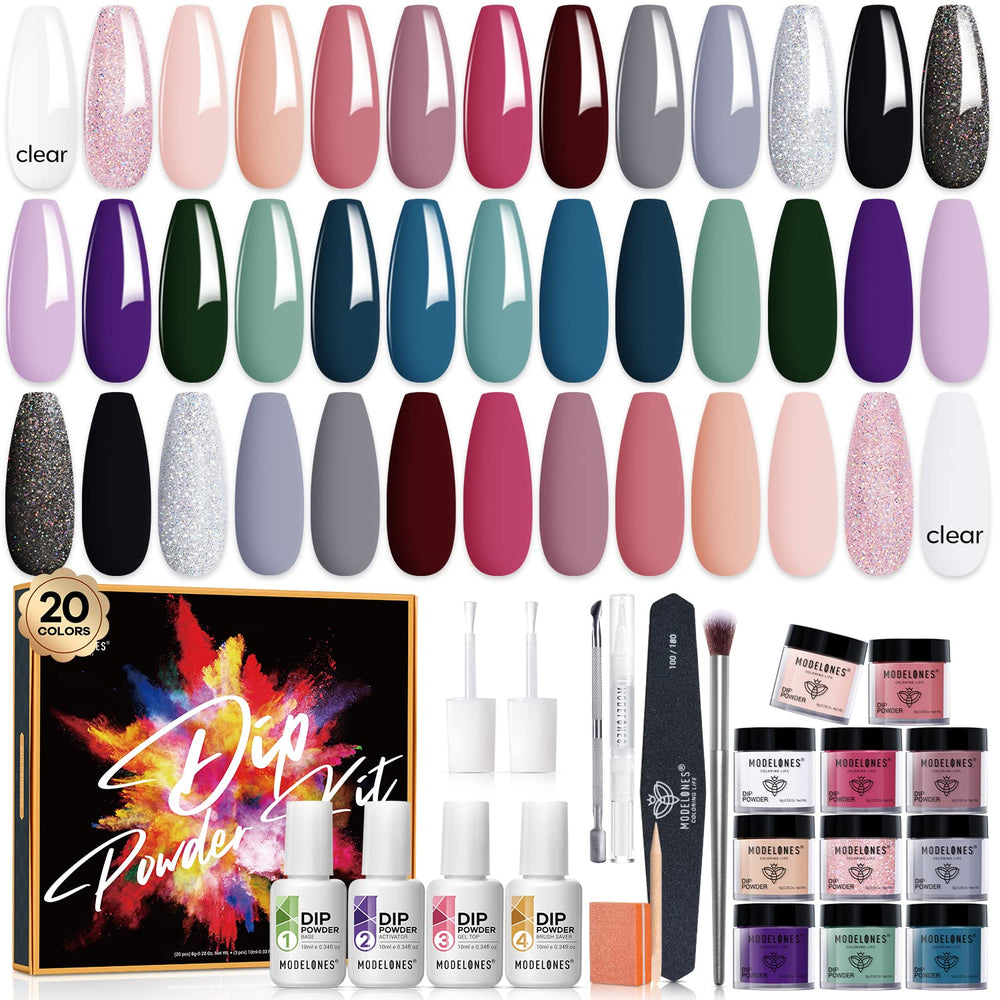 Modelones dip powder kit with 20 colors swatches for versatile at-home nail design.