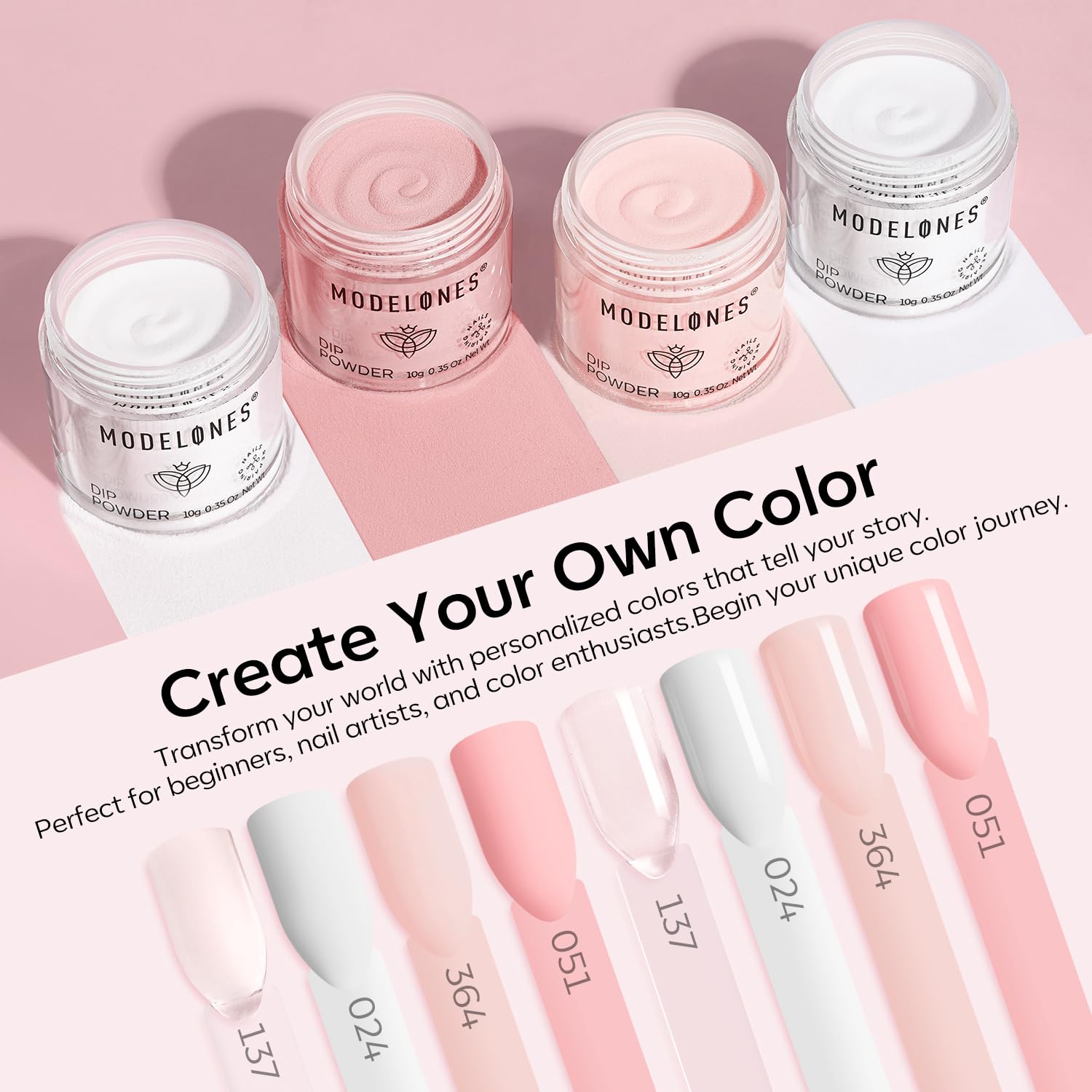 Modelones light pink dip powder for soft, natural nails.