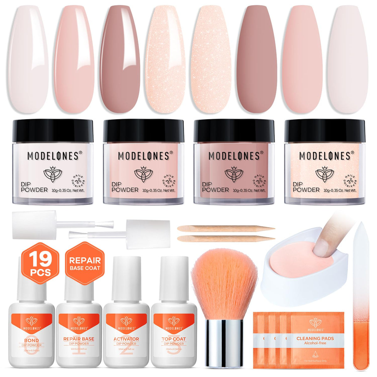 Modelones dip powder nail kit swatches show four color options for versatile looks.