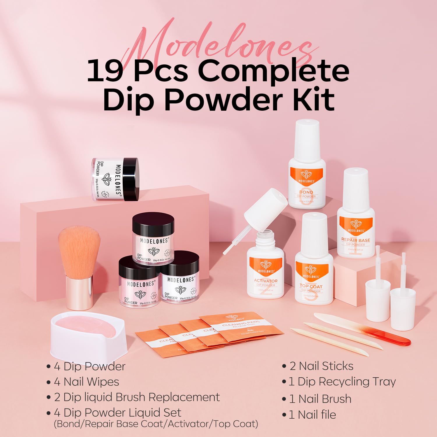 Modelones pink color dip powder for durable manicure.