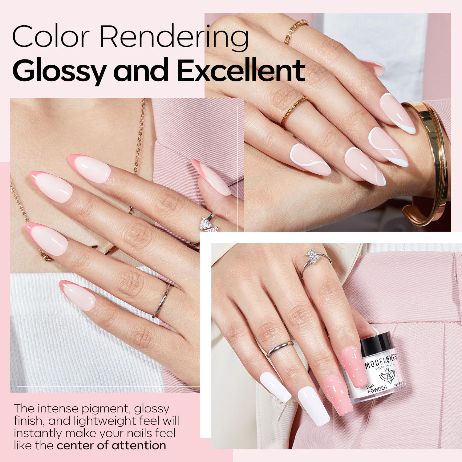 Modelones white dip powder for a crisp French manicure.
