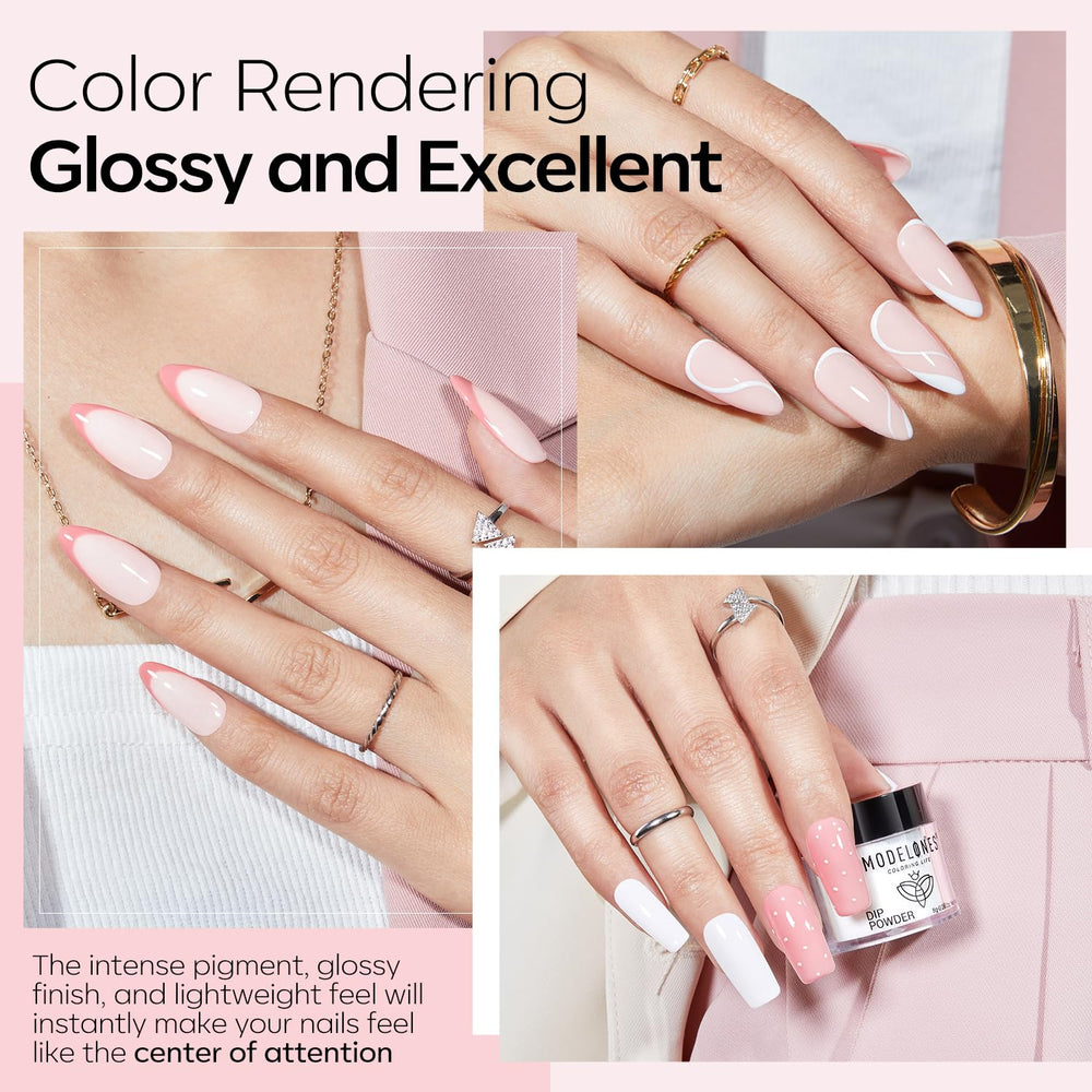 Modelones white dip powder for a crisp French manicure.