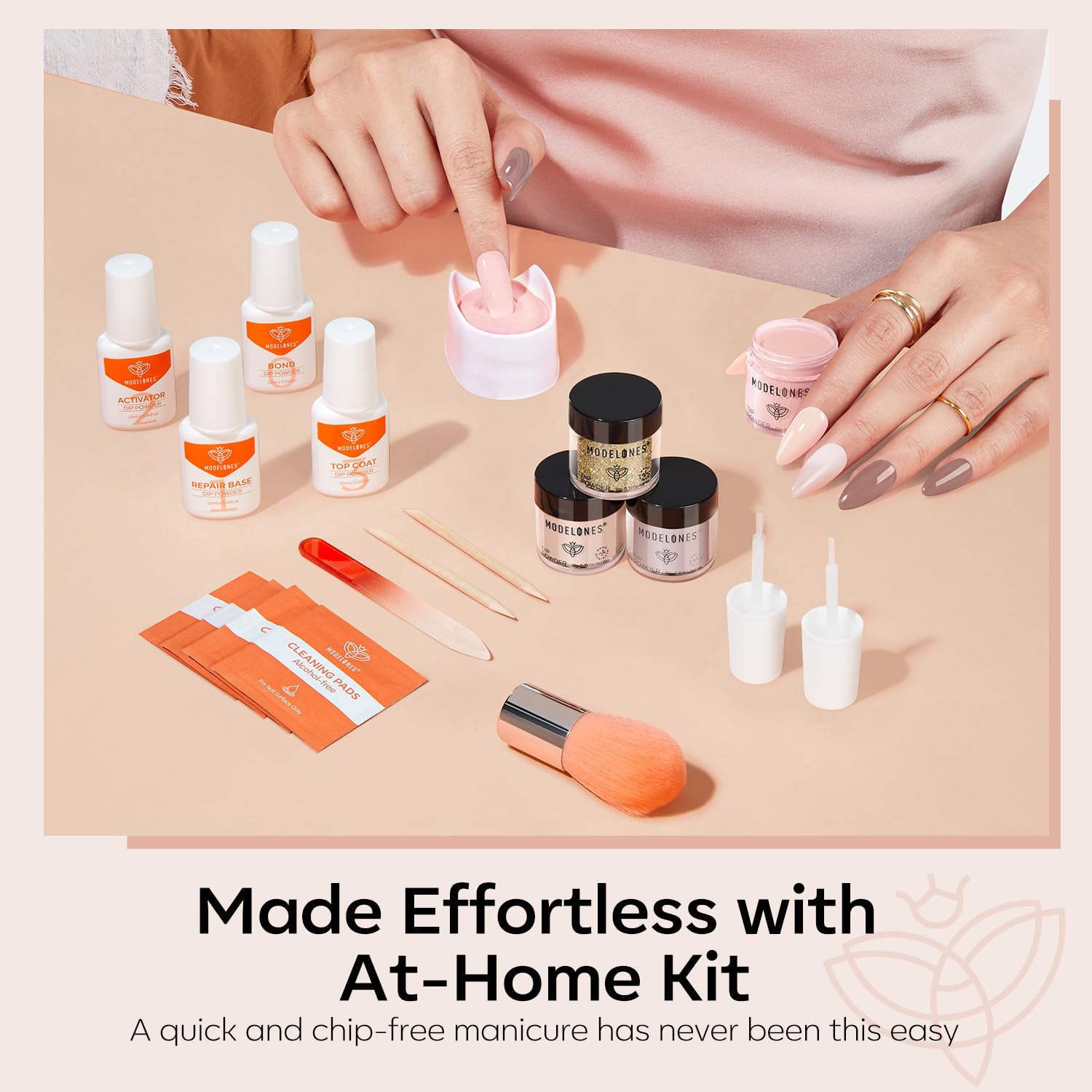 Modelones dip tray and brush kit for easy at-home manicures.