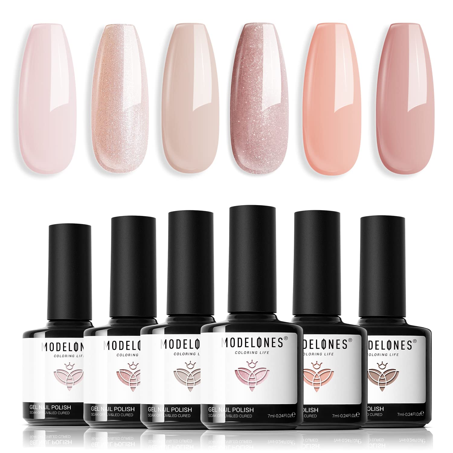 Modelones gel nail polish set bottle close-up showing six color options for versatile nails