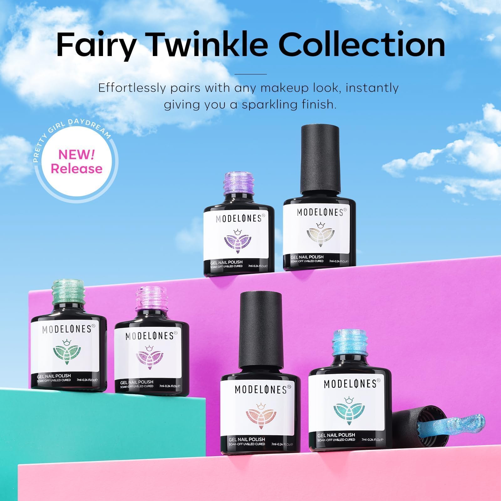 Modelones white shimmer gel gives a neutral base with luminous finish