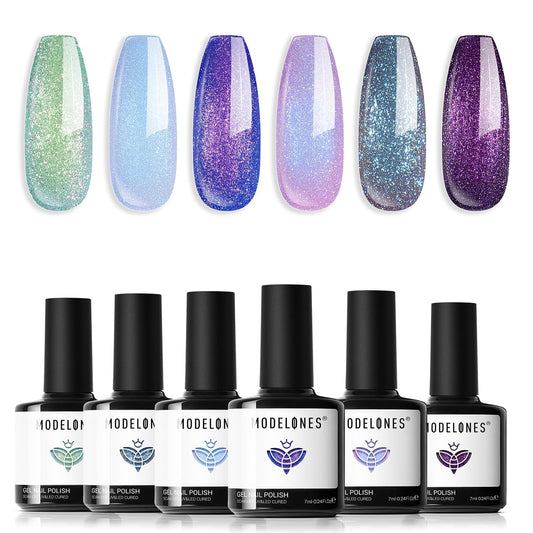 Modelones Aurora chameleon glitter polish with shifting colors.