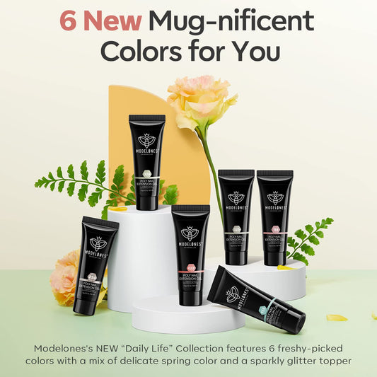 Modelones glitter nude coral gel shades swatch for glamorous DIY nails.