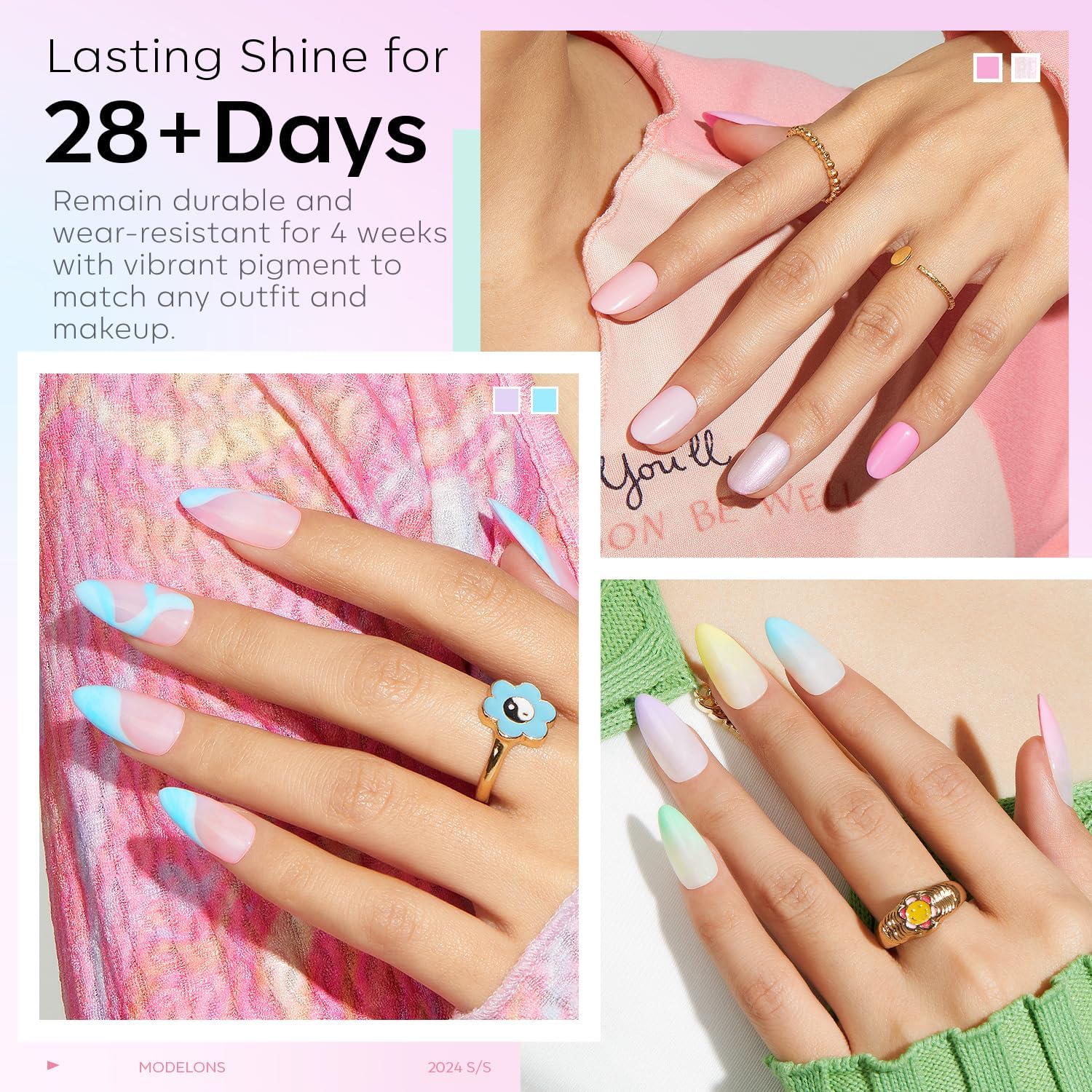 Modelones glitter top coat adds sparkling accents to any manicure.