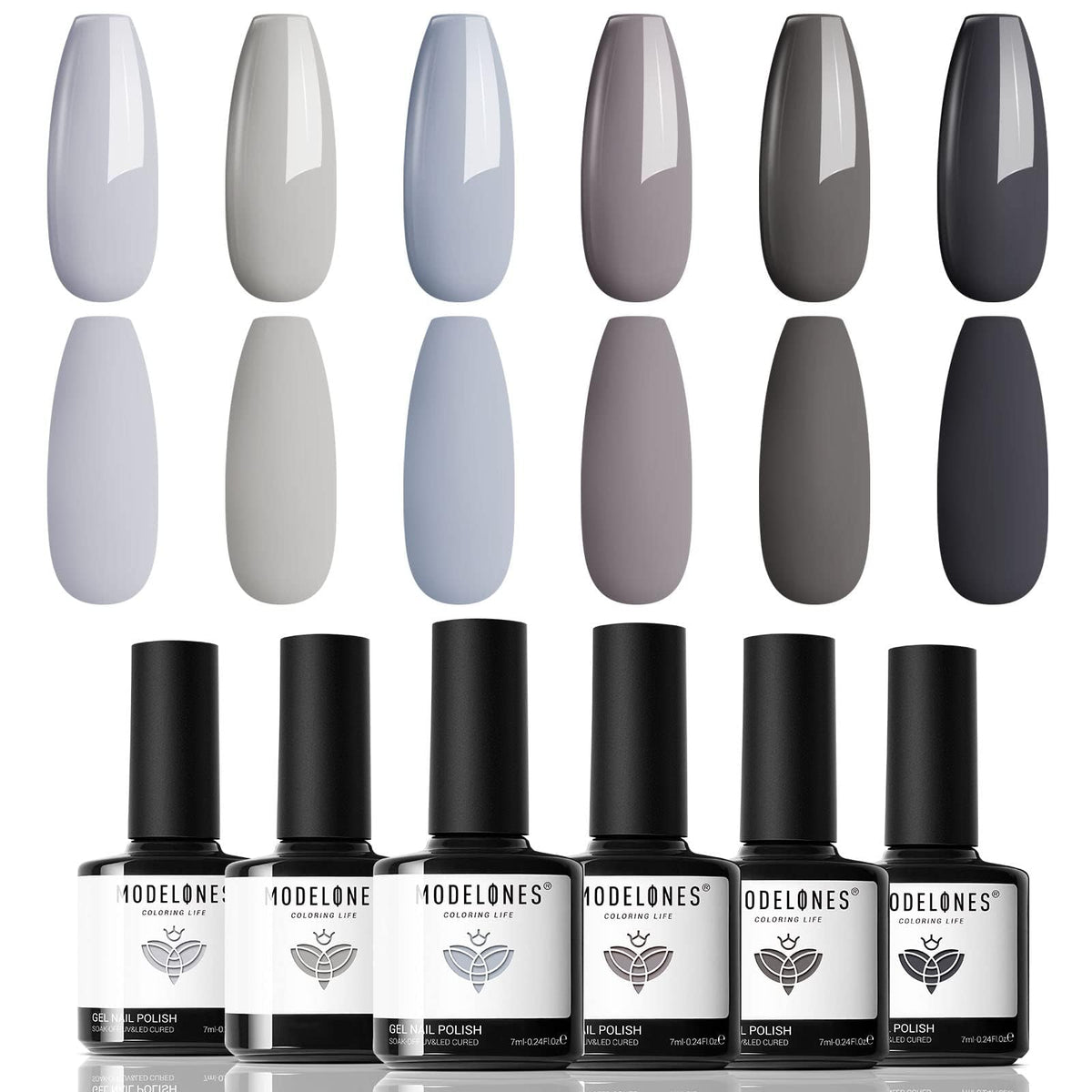 Modelones grey gel nail polish set shown in front view for a six-color manicure.