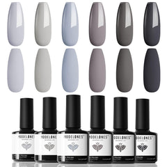Modelones grey gel nail polish set shown in front view for a six-color manicure.