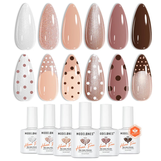 Modelones Hema-free gel polish set featuring six nude shades for all skin tones.