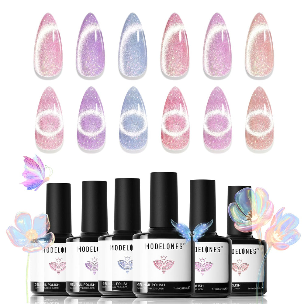 Modelones holographic cat-eye gel polish set showing six shimmering colors for chic nails.