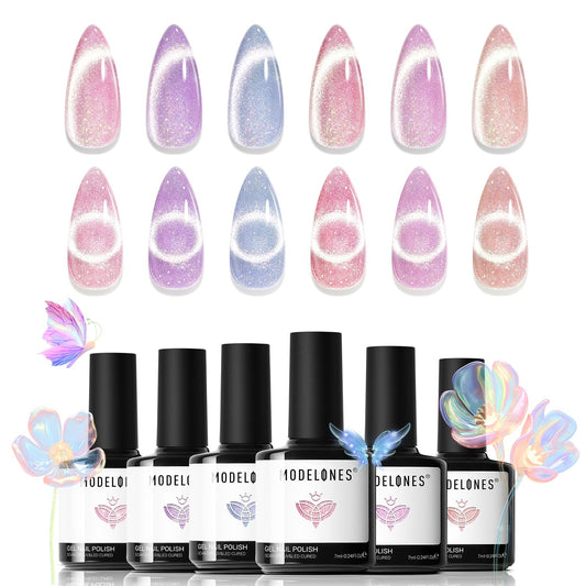 Modelones holographic cat-eye gel polish set showing six shimmering colors for chic nails.