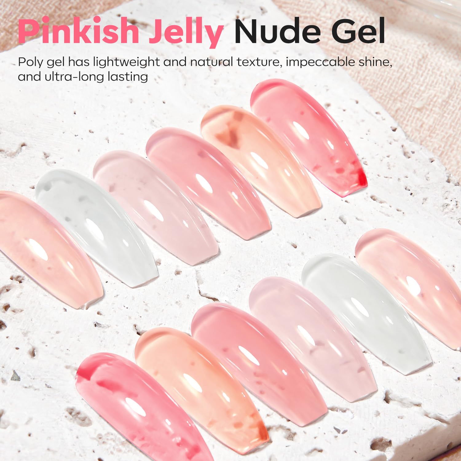 Close-up of Modelones jelly nude pink gel bottles for DIY nails.