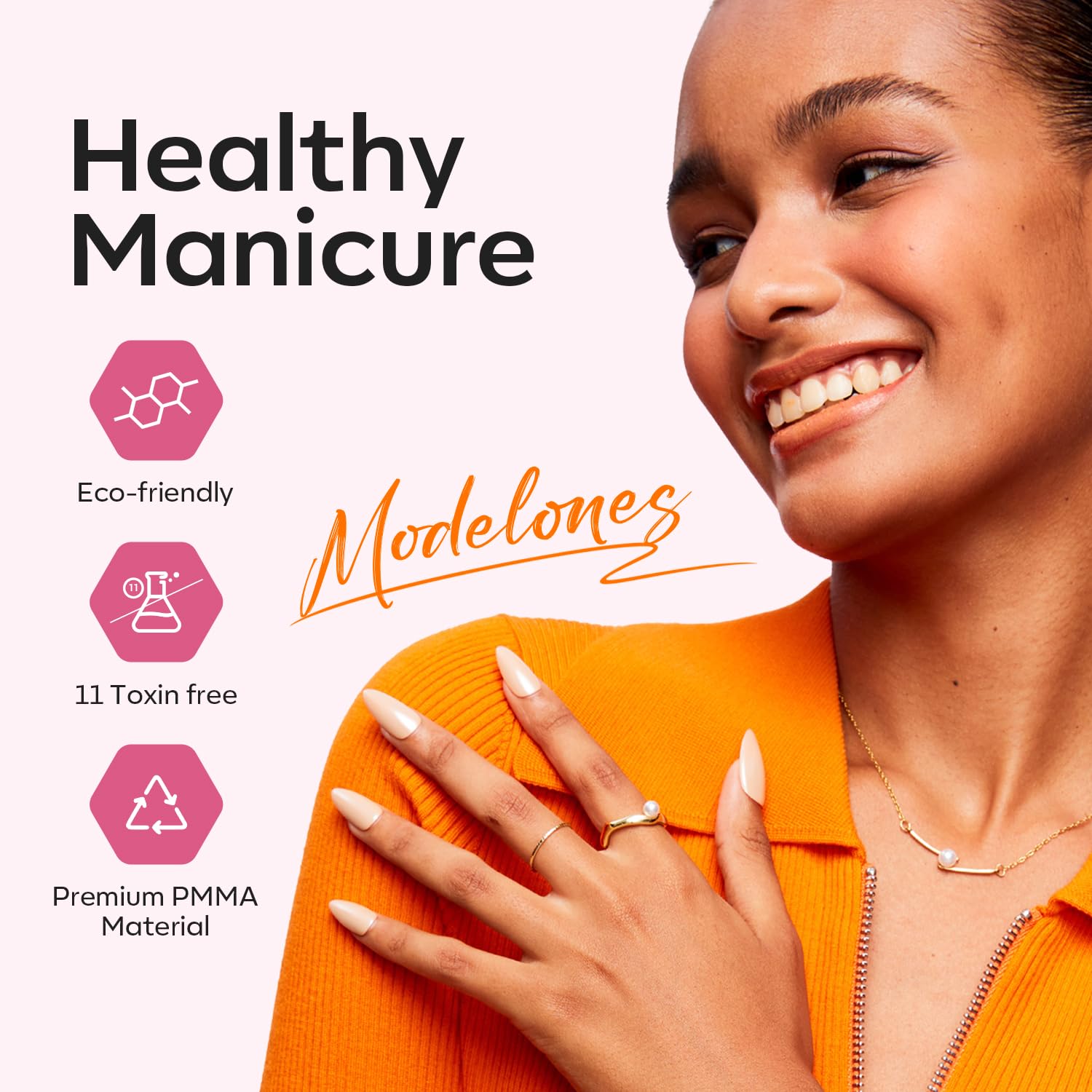 Modelones kit laid out on hands for an at-home gel manicure setup.
