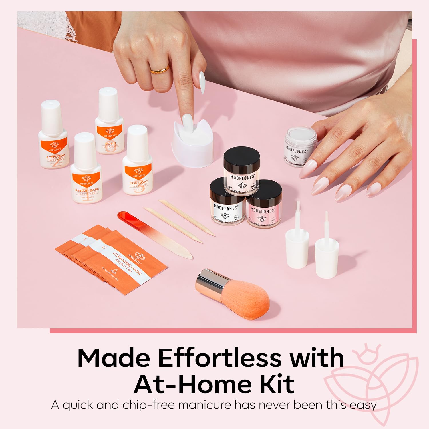 Modelones dip liquid set with bond and top coat for lasting shine.
