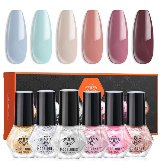 Modelones nail polish kit with 6 blue shades for quick-dry at-home manicure