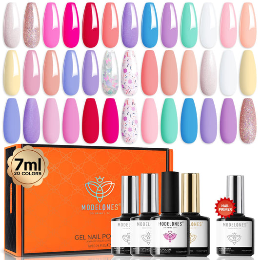 Modelones neon gel polish set on display with 20 vibrant colors for versatile at‑home nail art