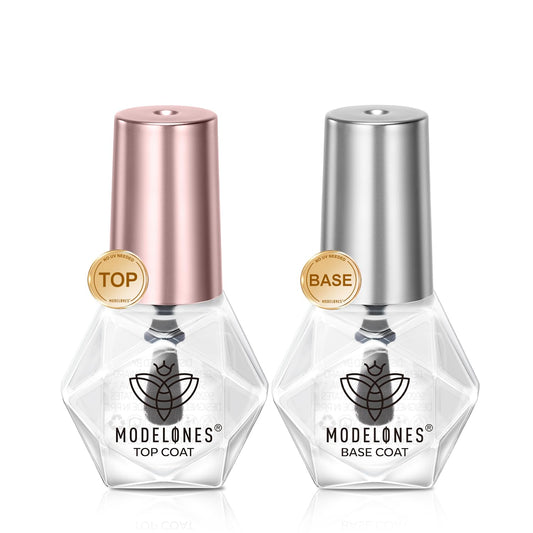 Modelones no-wipe top coat and base coat set for quick-dry, glossy nails.