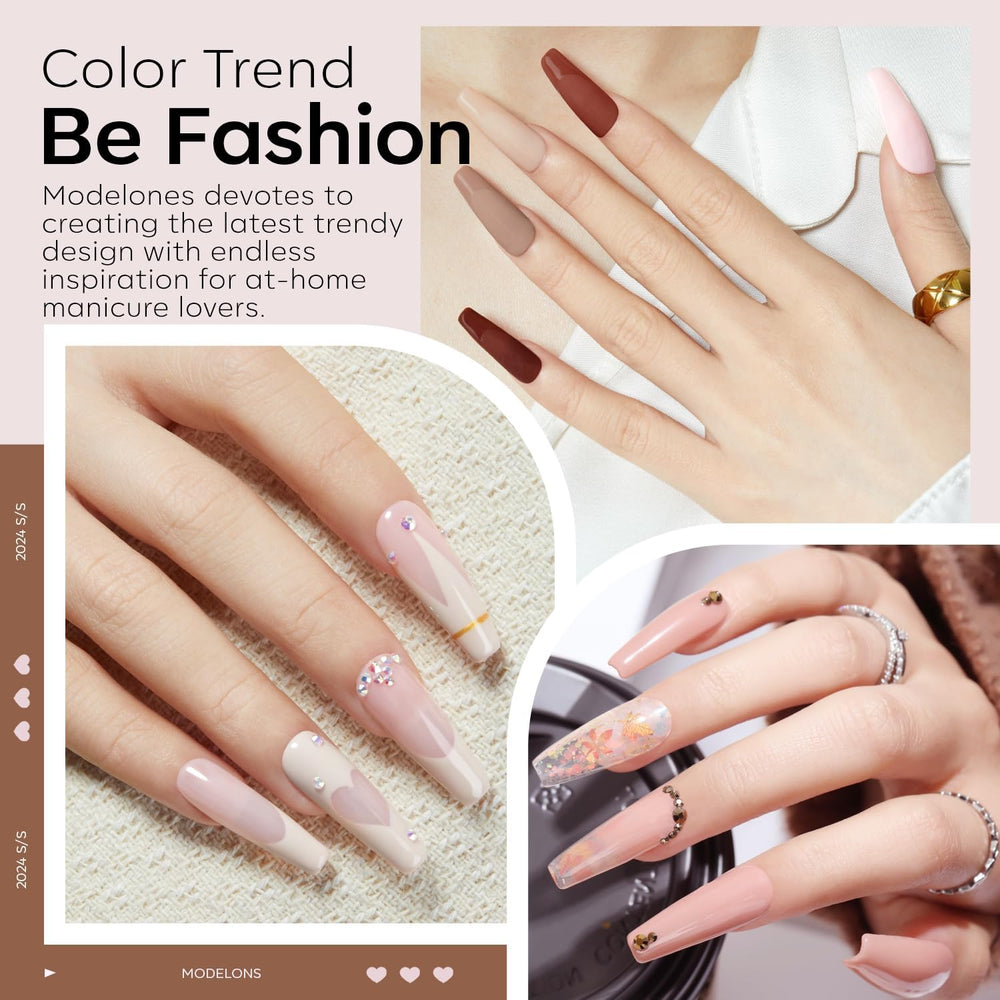 Modelones chocolate brown nude powder swatch on nails for a natural manicure.