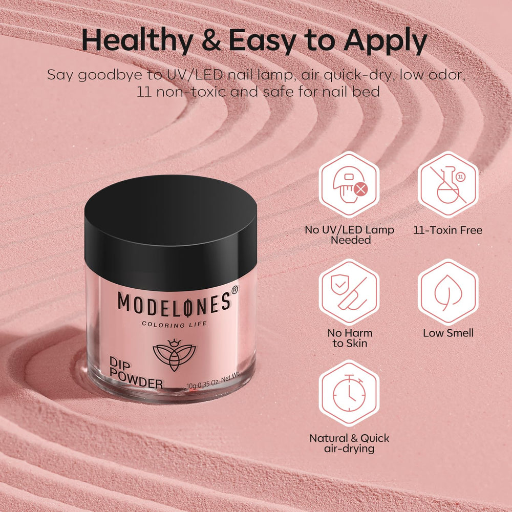 Modelones dip powders deliver a smooth, glossy finish without a UV lamp.