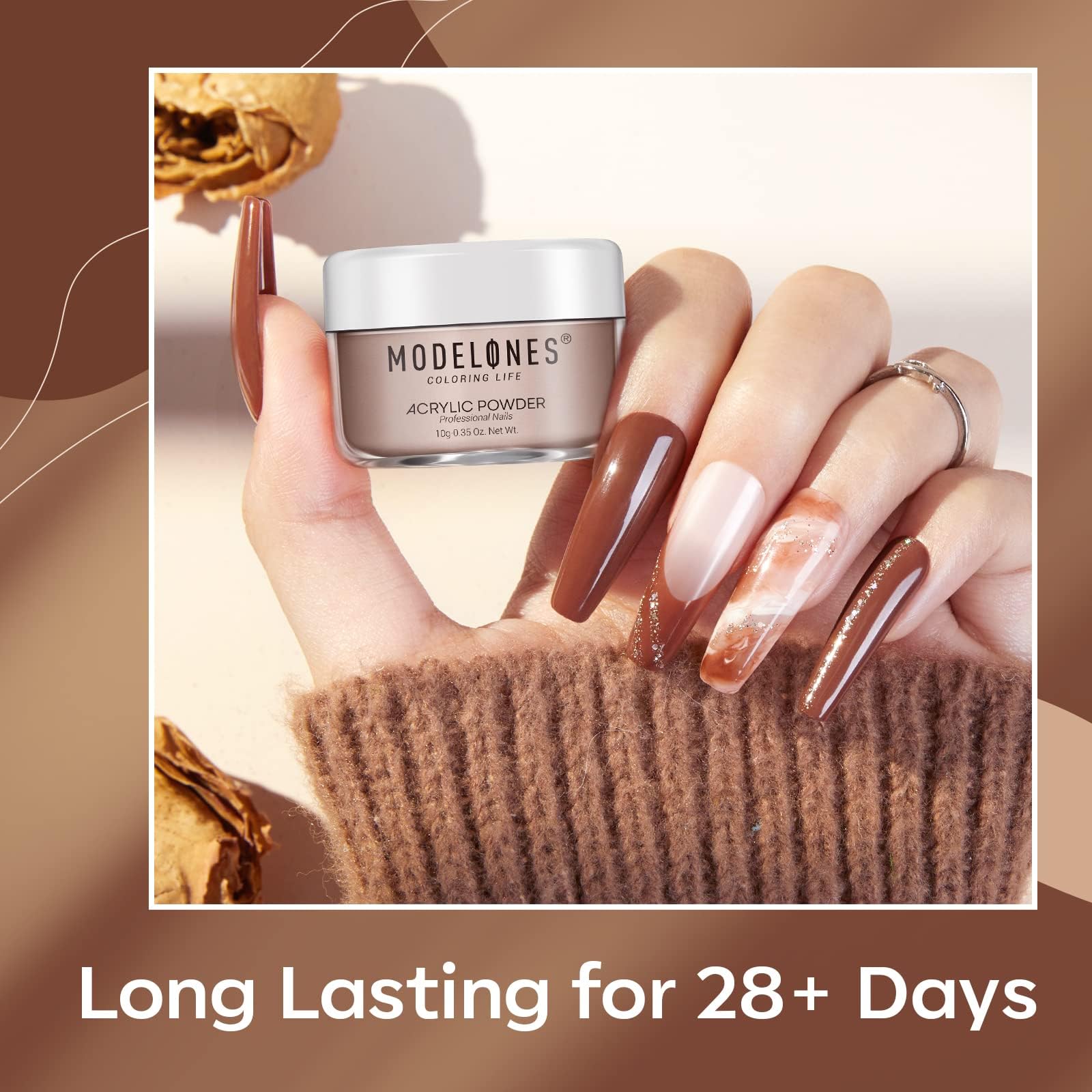 Modelones vanilla sand nude powder swatch on nail for versatile art.