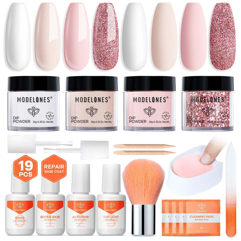 Modelones pink dip powder bottle for a smooth, long-lasting manicure at home.