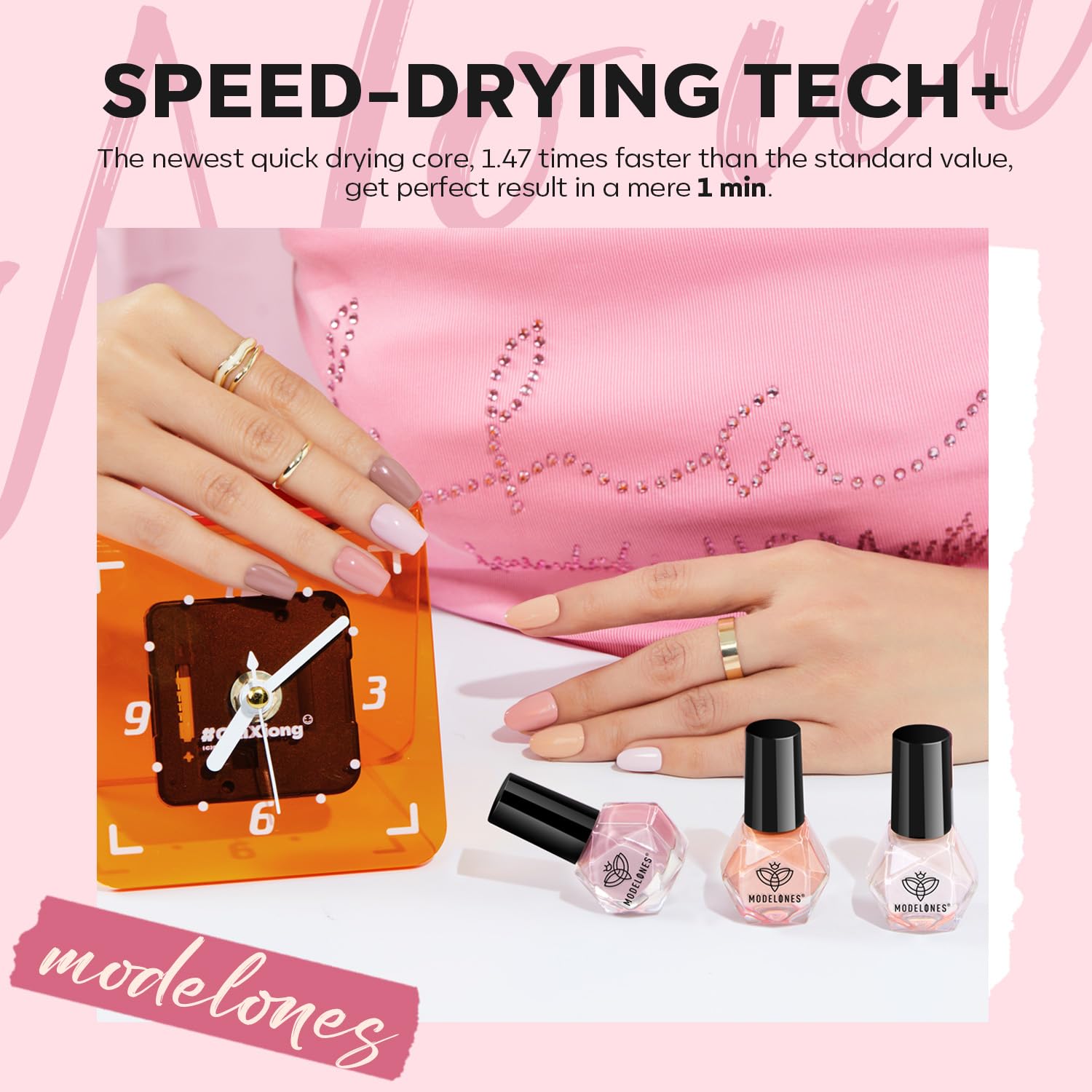 Modelones pink nude nail polish bottle ideal for natural-looking nails.