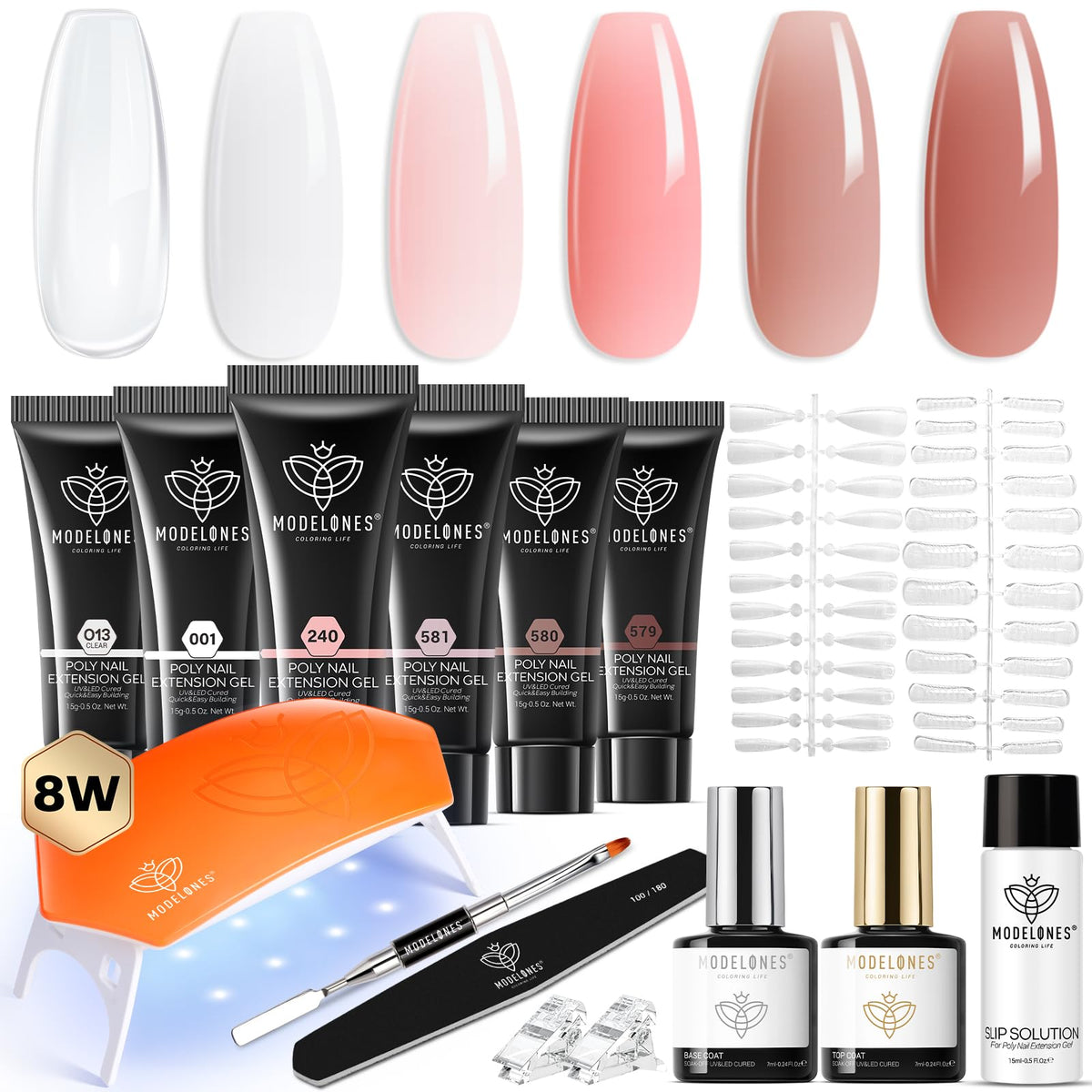 Modelones poly gel kit with six colors and 8W lamp for at-home salon-quality nails