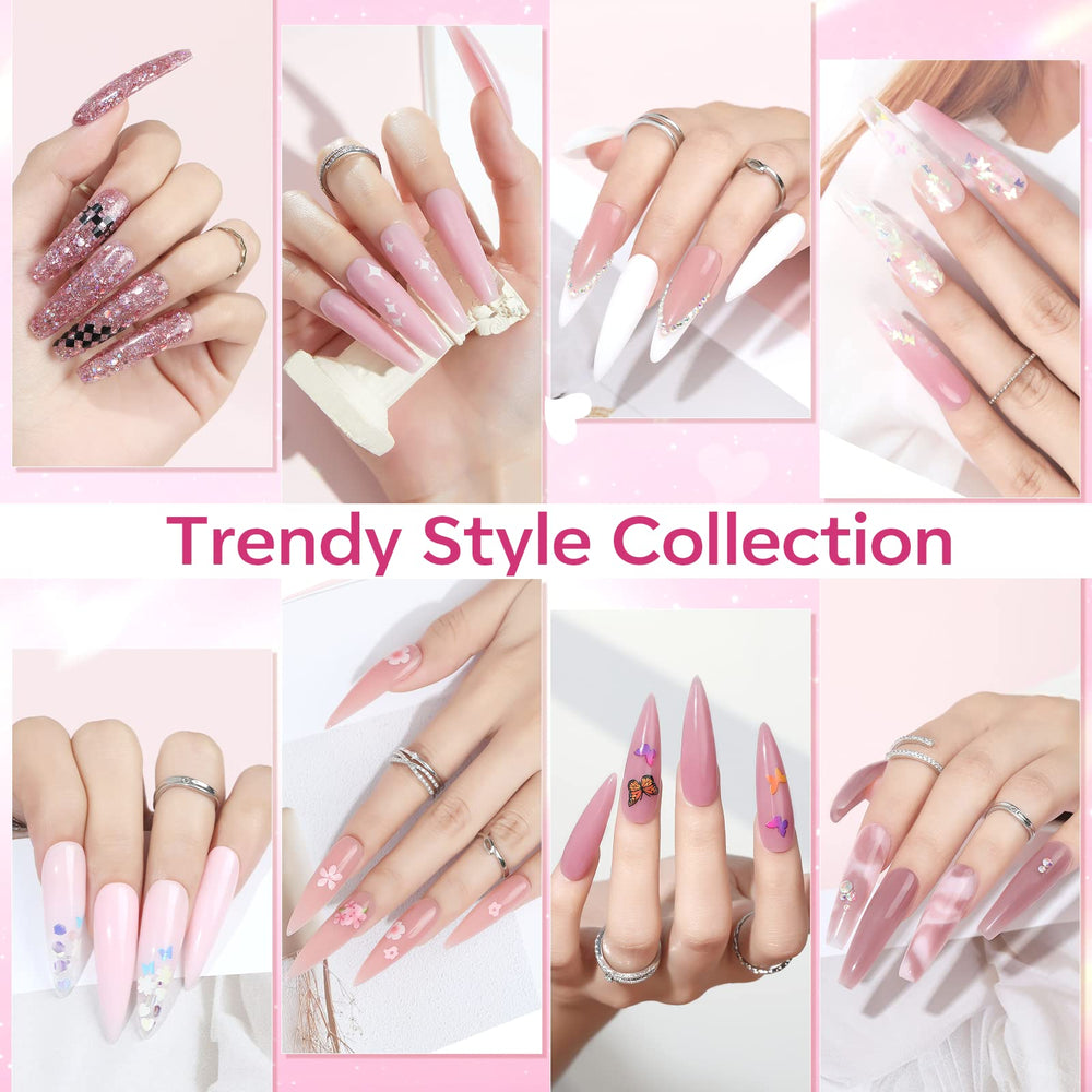 Modelones rhinestones, beads, and glitters add sparkle to nail art.