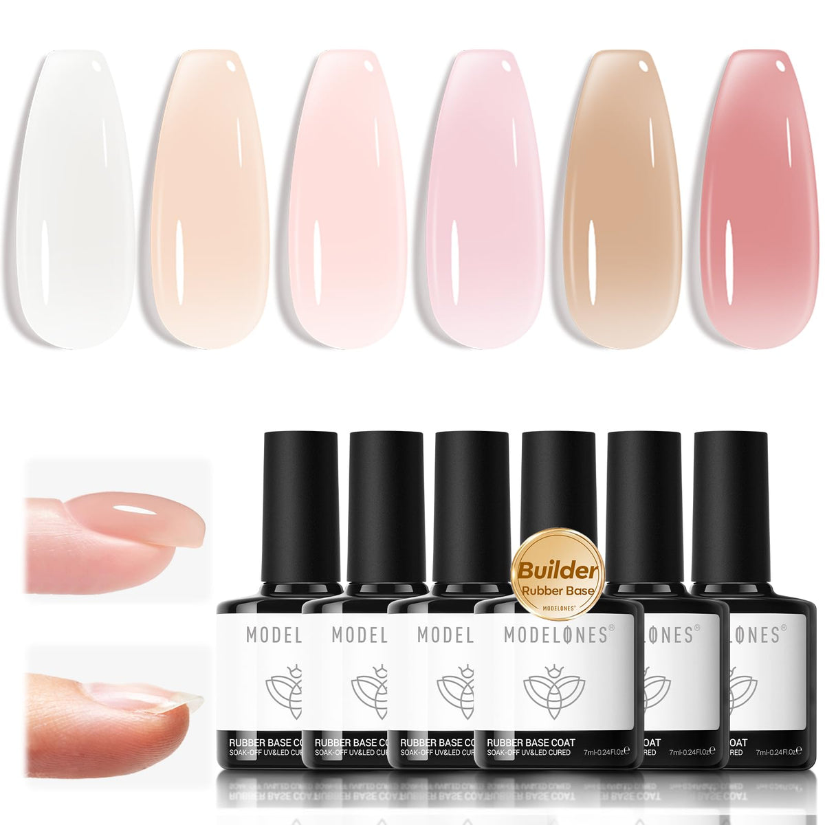 Modelones rubber base gel set on display shows six colors for stronger natural nails