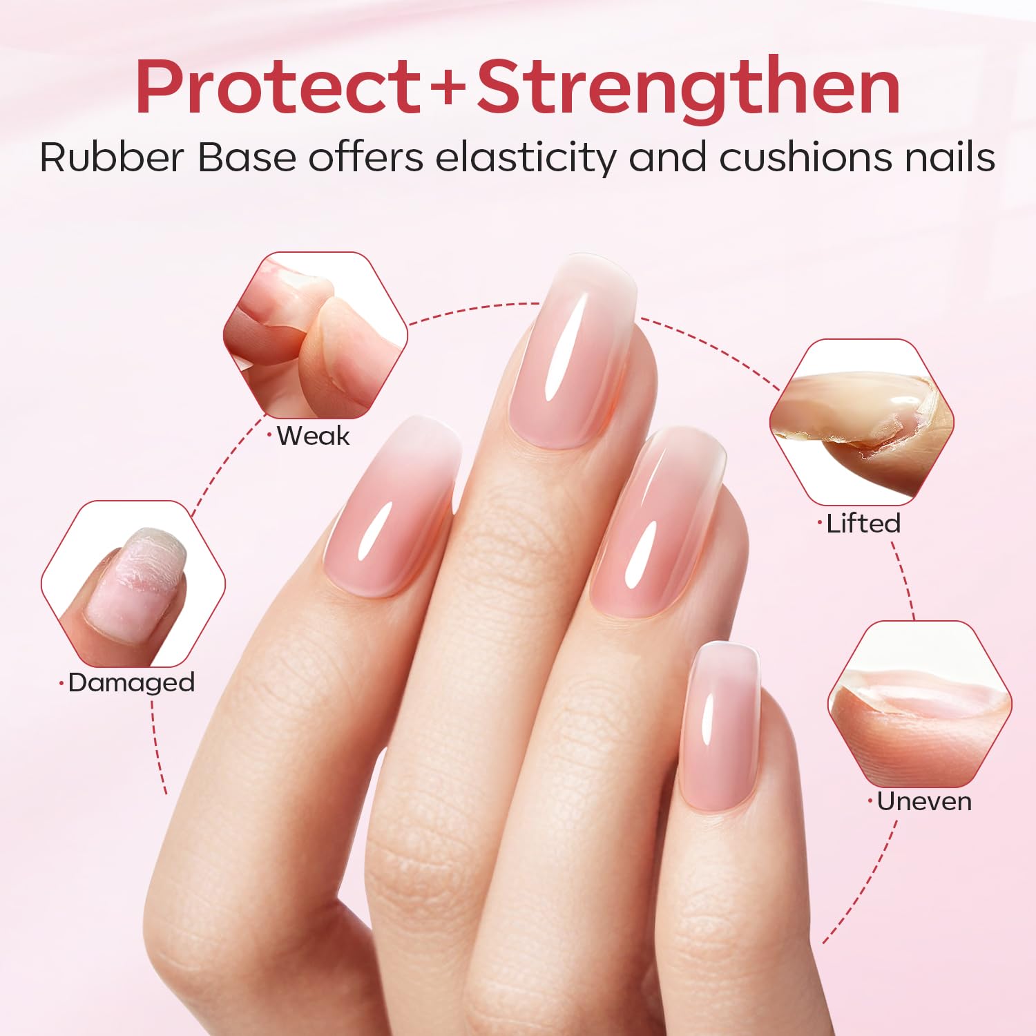 Modelones Rubber Base Gel swatches display nude and pink tones for natural looks.
