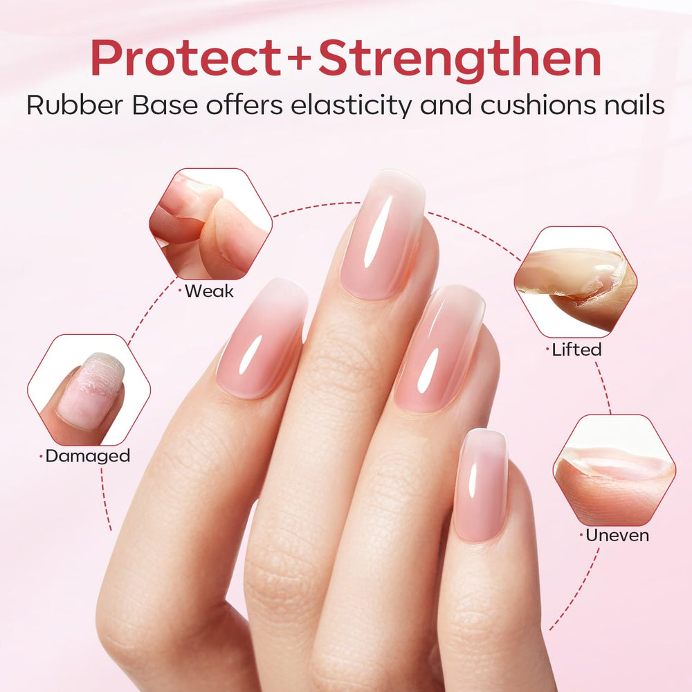 Modelones Rubber Base Gel swatches display nude and pink tones for natural looks.