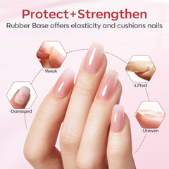Modelones Rubber Base Gel swatches display nude and pink tones for natural looks.