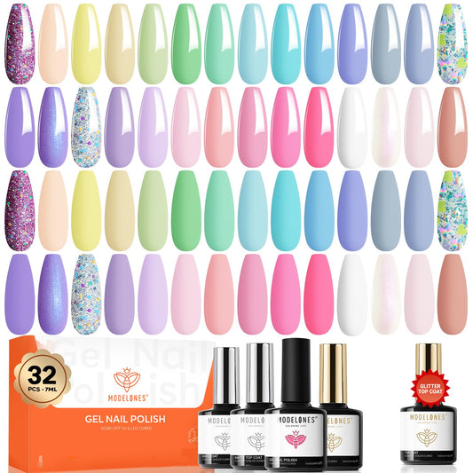Modelones spring gel nail polish set features 28 pastel shades for versatile looks.