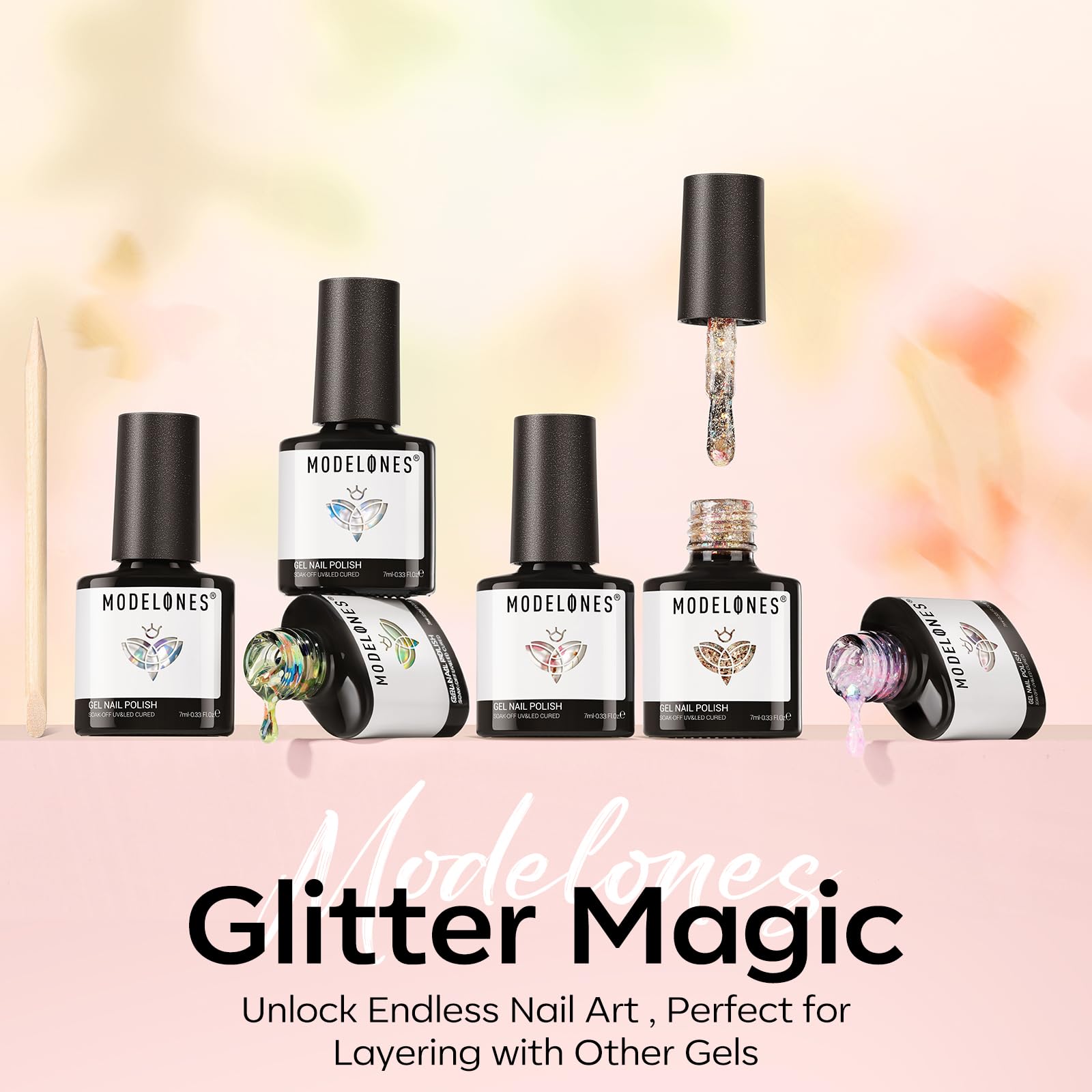 Modelones wooden stick helps position glitters precisely
