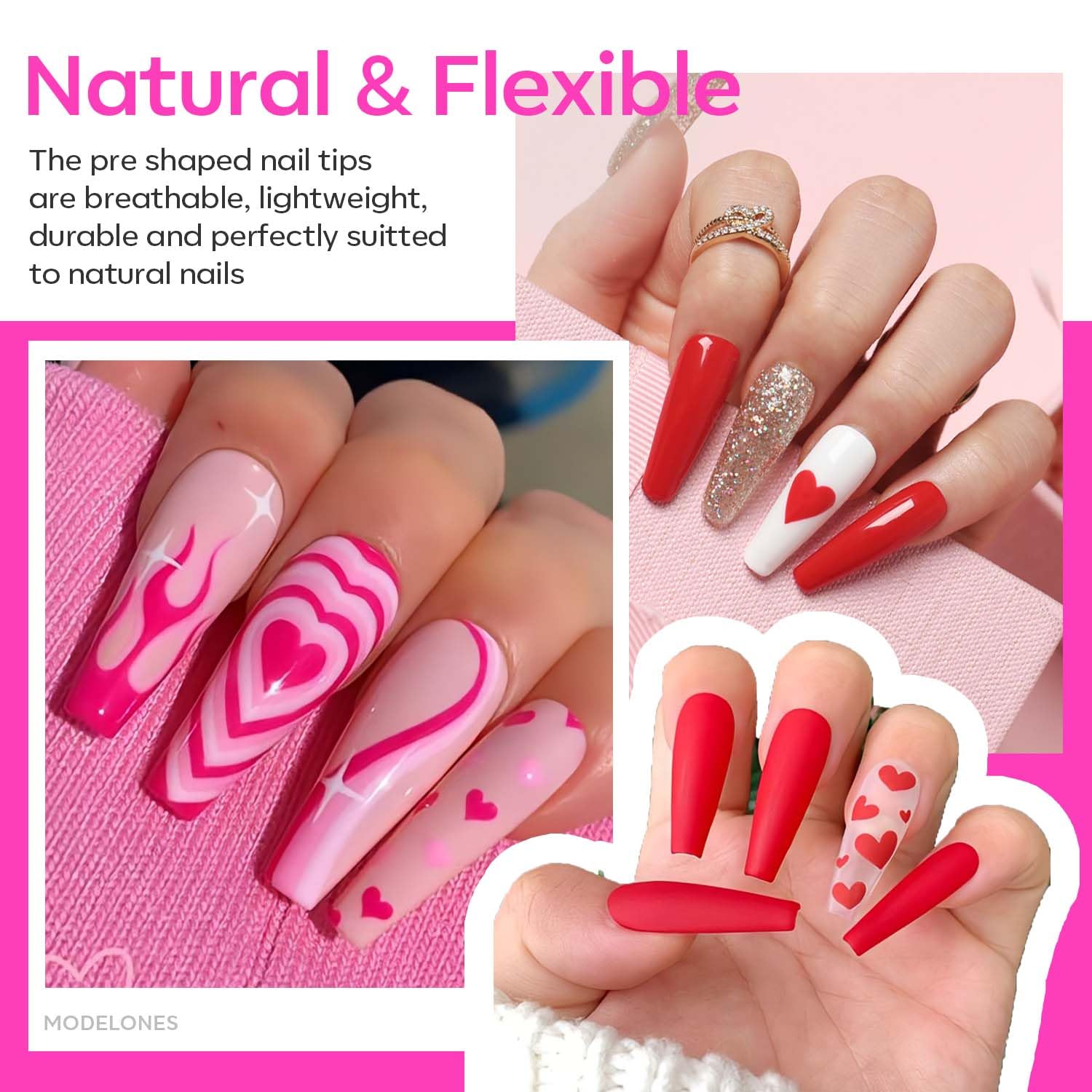 Long coffin nail tips close-up showing half-matte texture and adhesion benefits