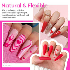 Long coffin nail tips close-up showing half-matte texture and adhesion benefits