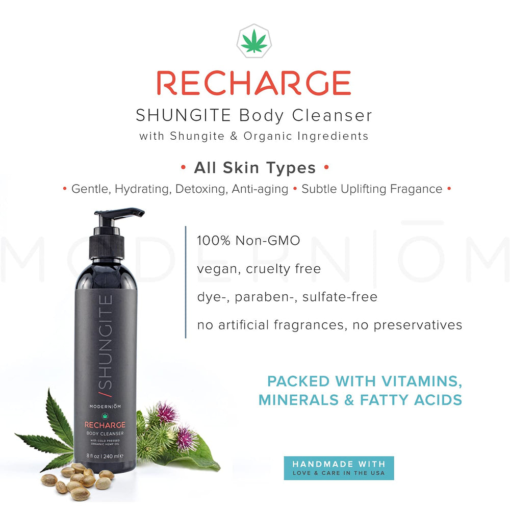 Modern ŌM Shungite Recharge bottle with shungite powder swirl highlights authenticity.
