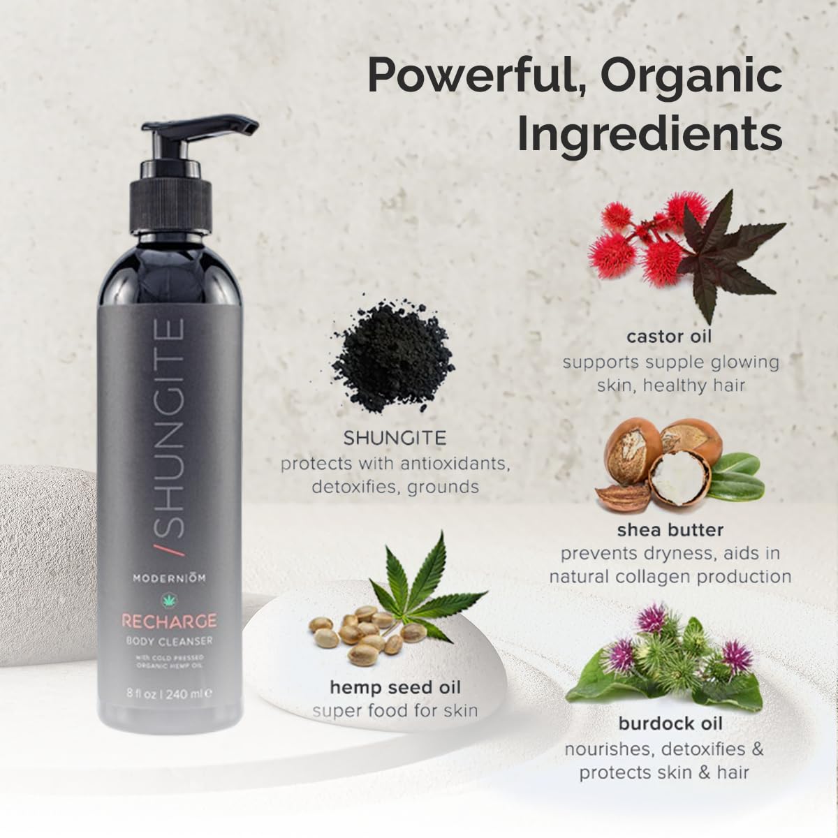 Creamy texture-lather of Modern ŌM Shungite Recharge Body Wash for gentle cleansing.